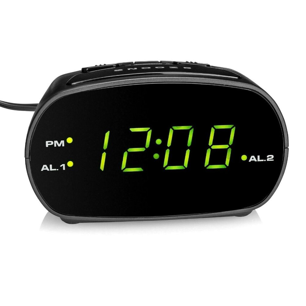 Dual Black Digital Alarm Clock 9-Minute Snooze Electric Power Battery Backup NIB